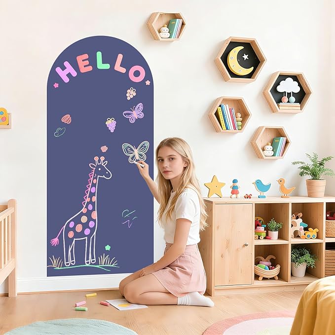 Magnetic Wall Decal for Kids Dusty Blue Magnetic Chalkboard for Wall 39.3x17.5 Inches Arch Wall Decal Sticker Sheets Peel and Stick Chalk Board Roll with Chalks for Playroom Classroom
