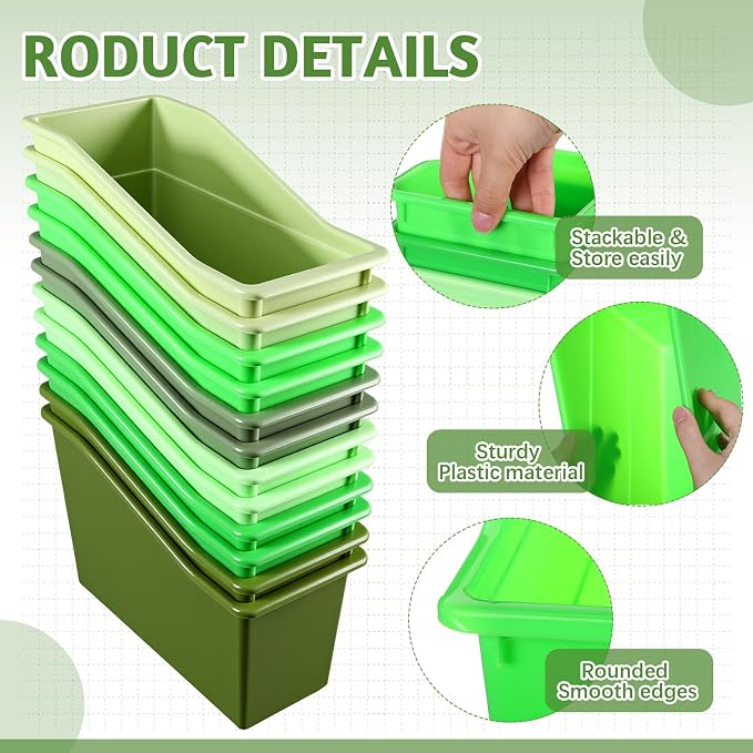 Teling 12 Pcs Book Bins Bulk - Plastic Book Storage Bin with Labels for Classroom Interlocking Magazine Holder Organizer Binder Container Box for School Office Desktop Bookshelf Home (Gradient Green)