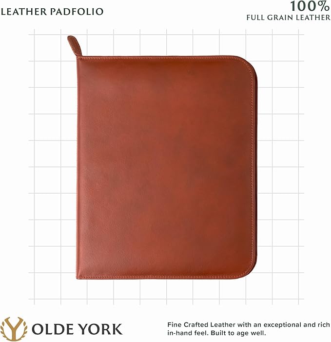 OLDE YORK Leather Padfolio — Leather Binder Portfolio for Men, Padfolio for Men & Women — 100% Authentic Top-Grain Leather (Light Brown)