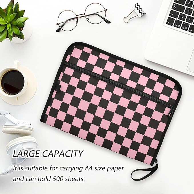 Black Pink Checkerboard Accordion File Organizer Expanding Document Folder with 13 Pockets Portable File Folder for A4 Letter Size