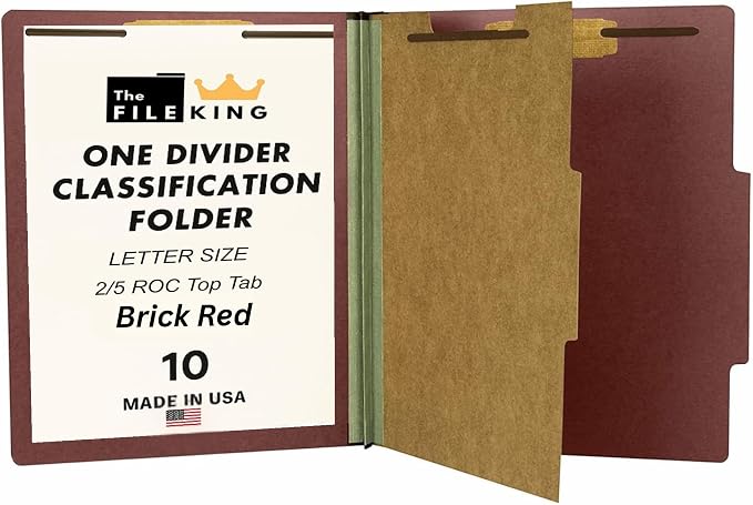 The File King One Divider Brick Red Pressboard Classification File Folder - Letter Size | Box of 10 | Top Tab | 2” Expansion | Four 2-Inch Durable Fastener Prongs | USA Made
