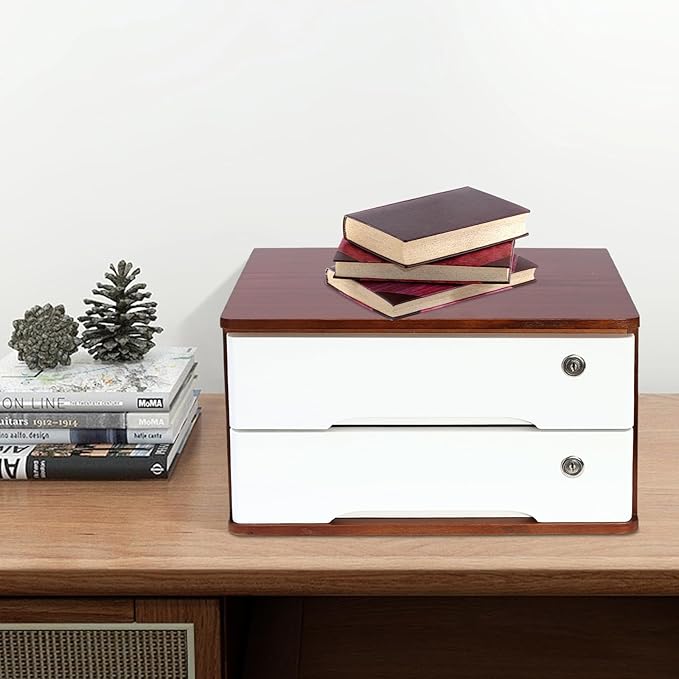 2 Drawers Wooden Desktop Storage Box,Small File Cabinet with Locks,Office Supplies A4 Filing Organizer for School,Classroom,Walnut,White