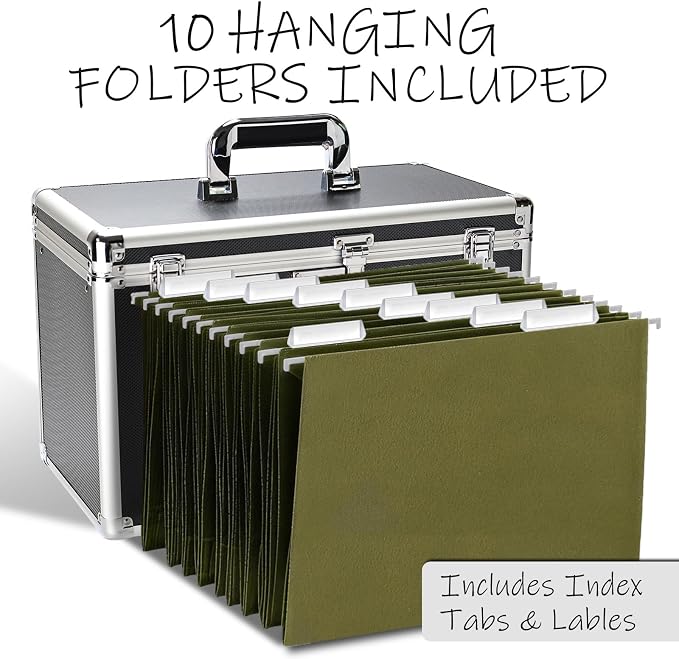 File Storage Cabinet for Legal Size Hanging File Folders, Suspension File Holder, Document Organizer Filing Lockbox in Office and Home with Combination Lock and 10-pack Hanging Files (Black, Legal)