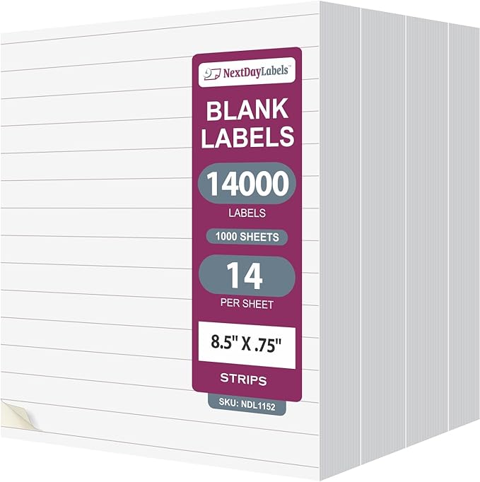 NextDayLabels 8.5x0.75 Inch Strip Stickers White Blank Labels for Laser Inkjet Printer - 14 Per Sheet Self-Adhesive Unique Size Label Made in USA - 14,000 Labels
