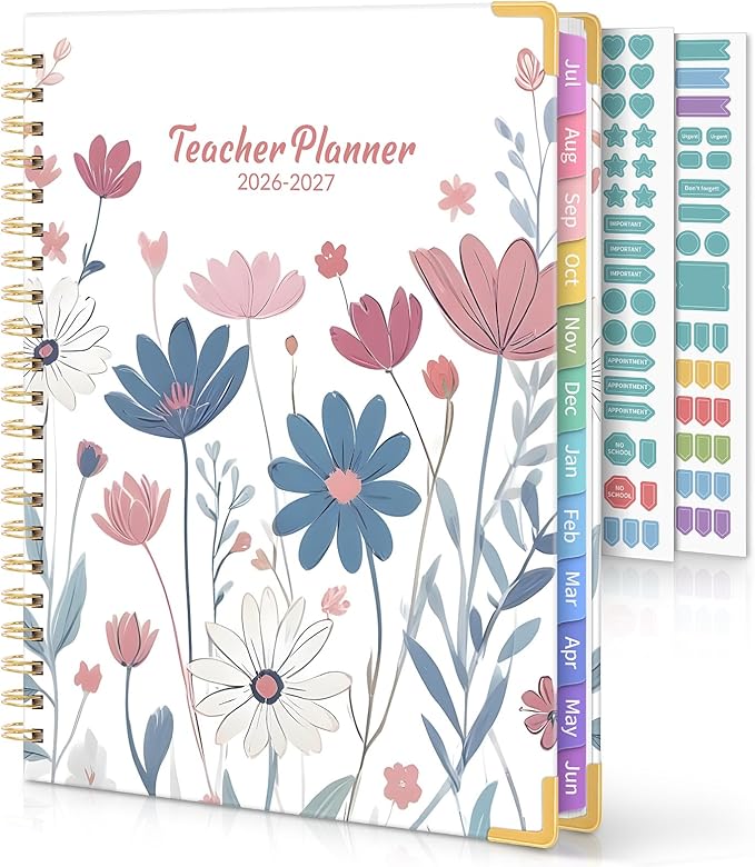 SKYDUE Teacher Planner 2026-2027 Academic Year, 8.5" x 11" Deluxe Teacher Lesson Planner with Monthly Tabs & Stickers, Lesson Plan Book 26-27, FloralB
