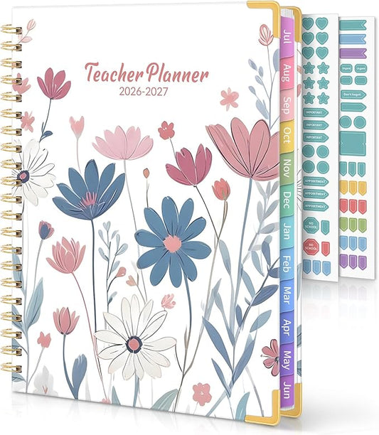 SKYDUE Teacher Planner 2026-2027 Academic Year, 8.5" x 11" Deluxe Teacher Lesson Planner with Monthly Tabs & Stickers, Lesson Plan Book 26-27, FloralB