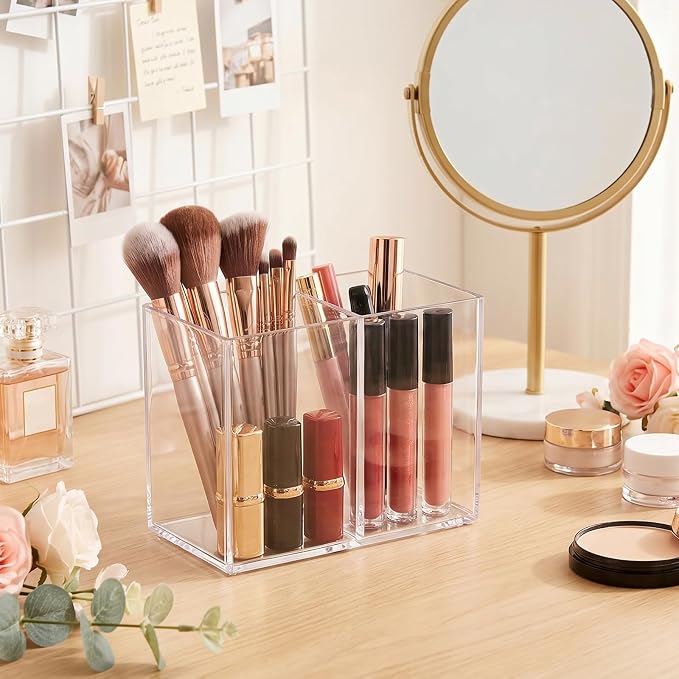 Acrylic Pen Holder for Desk, Clear, 2 Compartments | Countertop Desk Accessory Storage, Makeup Brush Organizer