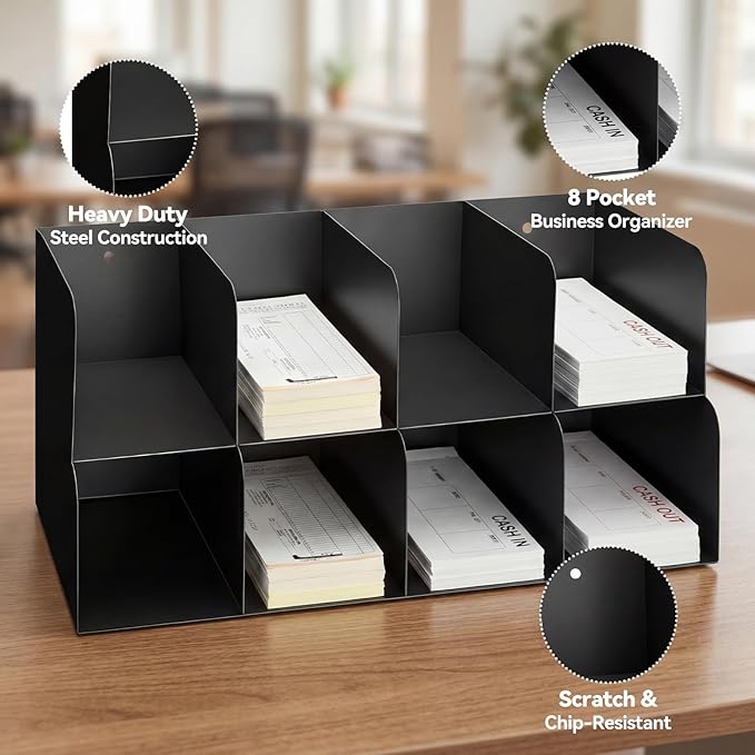 Gisafai Metal Check Sorter Organizer 8 Pocket, 2 Tier Black Iron Document Holder, 16 x 8 x 7.5 Inch, Wall Mountable, Heavy Duty Countertop Receipt Storage Rack for Bank, Office, Retail, Restaurant