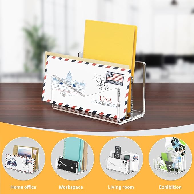 Mail Organizer Envelope Holder - 2 Compartments Clear Acrylic Mail Holder Countertop Vertical Desk Organizer Small File Bill Document Notebook Letter Sorter for Home School Office Supplies