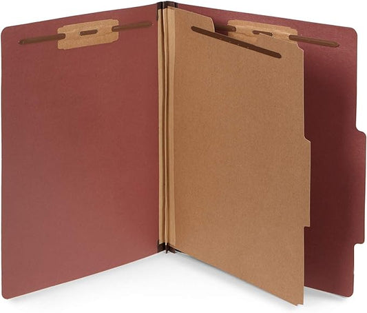 10 Letter Size Red Classification Folders - 1 Divider - 2 Inch Expansions - Durable 2 Prongs Designed to Organize Standard Medical Files, Office Reports - Letter Size, Red Brick Color, 10 Pack