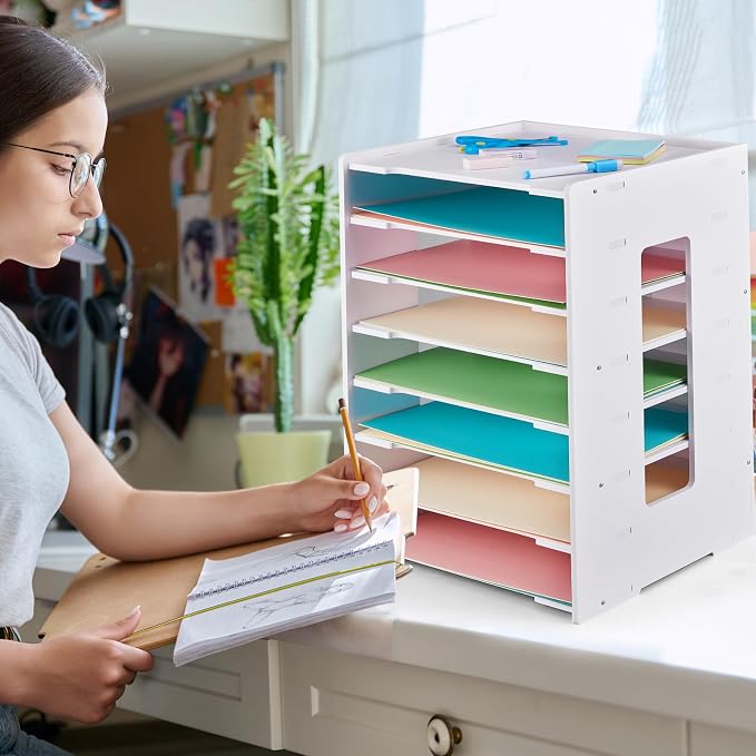 Juexica 8 Tier Scrapbook Paper Organizer 17.7 x 12.6 x 12.6 Inch Stackable Paper Storage Holder for Desk Desktop File Organizer for Home Office Classroom School