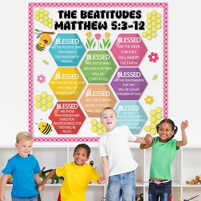 QOUBAI Christian Bulletin Board Decoration The Beatitudes Matthew 5:3-12 Classroom Decoration Motivational Bible Verse Paper Cutouts for Back to School Sunday School Church Parish Decor（Sunshine）