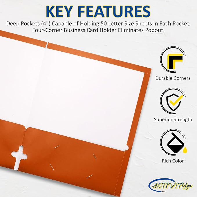 10 Pack Two Pocket Folders, Orange, Strong Thick Paper Folders, for Letter Size, by ACTIVITYya