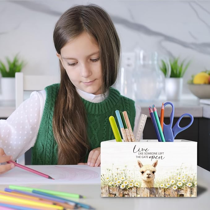 Rustic Daisy Floral Alpaca Pen Holder for Desk, Alpaca Llama Gifts Pencil Organizer, Live Like Someone Left the Gate Open Wooden Box Sign Desk Decor for Home Office Decoration