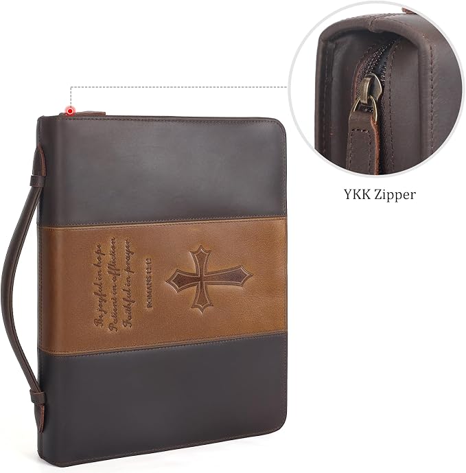 Polare Full Grain Leather Bible Case Book Protective Holder Bible Cover Church Bag Christian Religious Carrying Organizer Portfolio for Men (Dark Brown & Brown, Large)