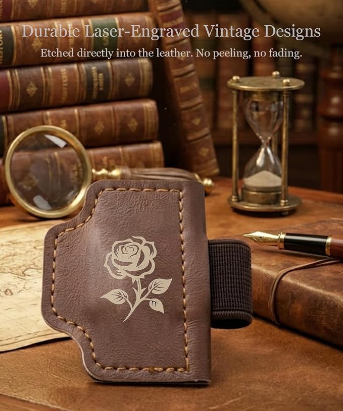 Tiizze 3-Pack Magnetic Leather Bookmarks with Integrated Pen Holder - Thin Page Markers for Bible Study, Laser Engraved Religious Christian Gifts for Women & Men, Page-Safe Magnets (Roses)