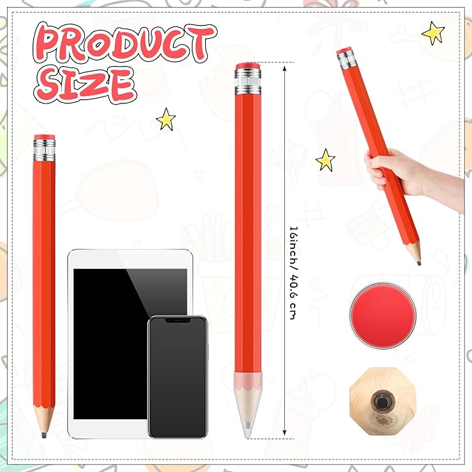 16 Inch Wooden Large Jumbo Pencils Giant Big Funny Wood Pencil with Cap and Eraser Fun Novelty Gifts for Kids School Kindergarten Home Office Prop Supplies(Red)
