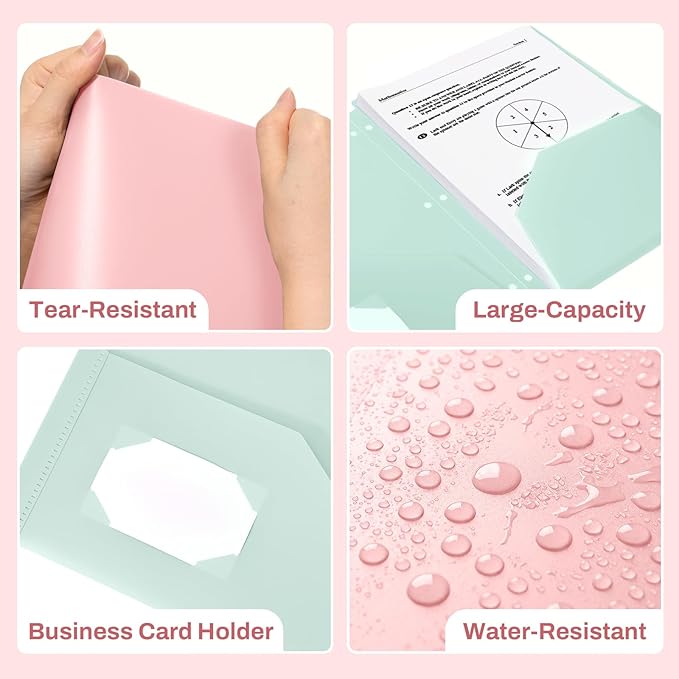 SUNEE 3 Hole Pocket Folders (6 Pack, Pastel Color), Plastic Pocket Folders for 3 Ring Binder, 3-Hole Punched Folder with Pockets, for Kids, Students, Teachers, Office Staff