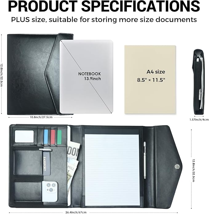 Professional Trifold Padfolio with Magnetic Closure – A4 Letter Portfolio Organizer for Business Meetings, Interviews & Presentations, Document Folder with Notepad Holder Black