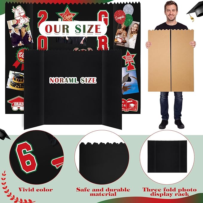 AmazingSpark 2 Sets Graduation Photo Display Board Trifold Poster Board with 12 Graduation Themed Stickers for 2026 Grad Party Decoration Picture Collage Frame Supplies (40 x 28,Red Green)