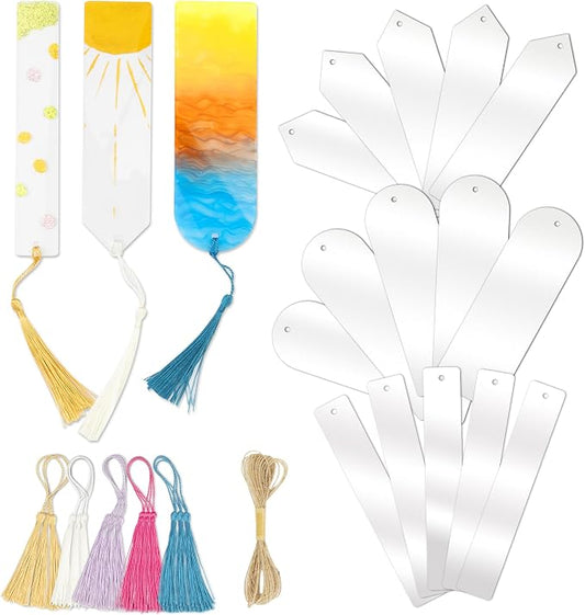 Acrylic Bookmarks Blanks Bulk 31PCS Clear Bookmark Plastic Blank 15 Sets with 5 Color Tassels & Twine String for Vinyl DIY Craft (3 Shape of Bookmarks)