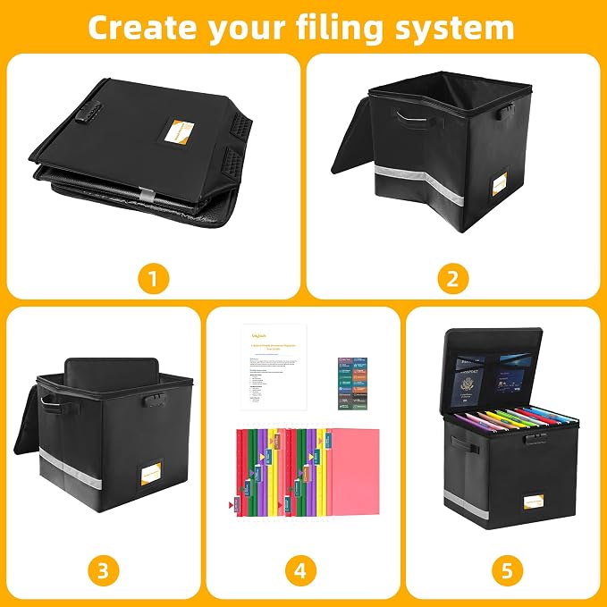Medium Next of Kin Box Organizer with Smart Labels, Fireproof Foldable File Organizer with Combination Lock, 10 Hanging Files and 20 Category Labels for Label Documents,(M:13 * 13 * 13in)