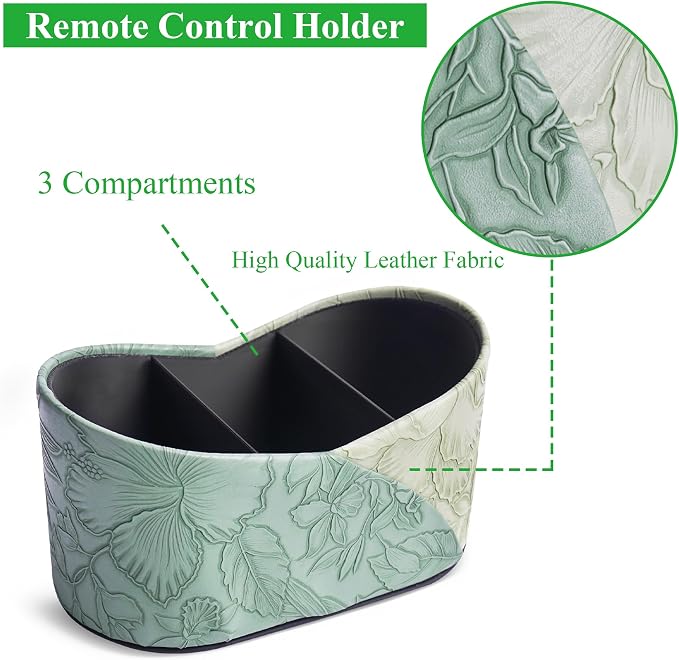 Two Leaves Shaped Leather Art Supply Organizer,Remote Control Holder,Multi-Functional Pencil Holder,3 Compartments Desktop Stationary Organizer(1-Green)