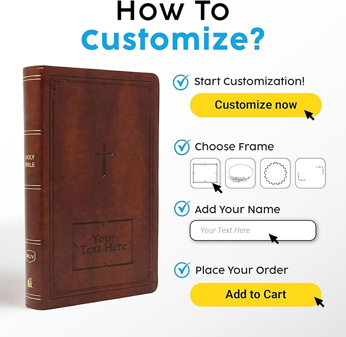 Personalized NKJV Reference Bible, Custom Name Text & Design, New King James Version, Large Print, Red Letter, Cross References, Faux Leather Brown, Baptism Confirmation Gift