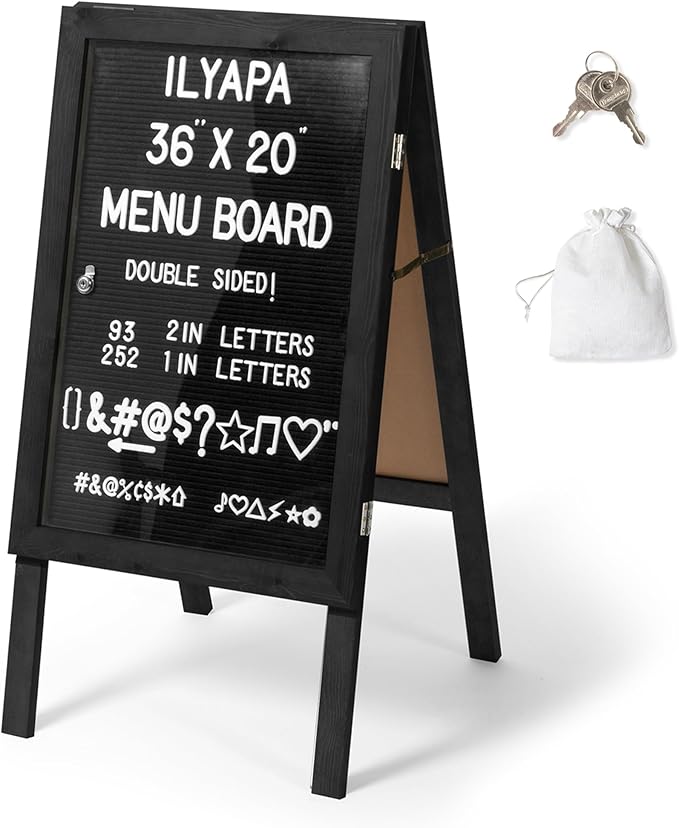 Ilyapa A Frame Sandwich Board Signs Outdoor Chalkboard & Felt Letter Board Sign with Changeable Letters - Wooden 36 x 20 in. Double Sided Magnetic Chalk Board & Letterboard for Sidewalk Advertising