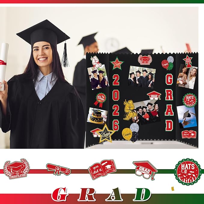 AmazingSpark 4 Sets Graduation Photo Display Board Trifold Poster Board with 12 Graduation Themed Stickers for 2026 Grad Party Decoration Picture Collage Frame Supplies (24 x 16,Red Green)