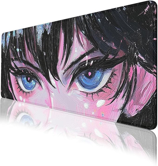 Anime Eyes Desk Pad Mouse Pad Blue Sparkle Oil Brush Art Extended Gaming Mousepad Mat with Stitched Edge Non-Slip Base Big Mousepad Office Home Decor for Women Girl 31.5"x11.8"