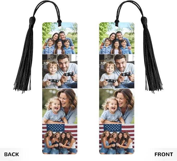 Custom Double-Sided Printed Wooden Bookmarks with 4 Photos & Text, Personalized Design Add Your Own Text/Photo/Logo, Diary Accessories Birthday Presents for Men Women Presents for Book Lovers