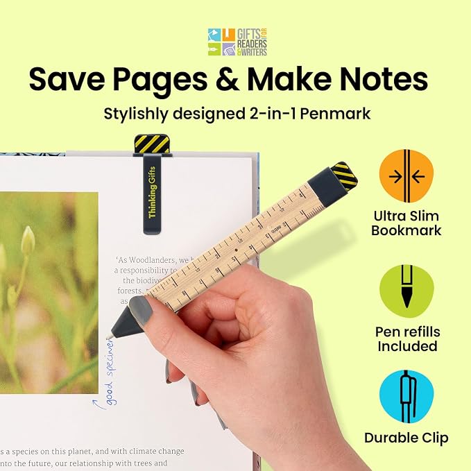 Gifts for Readers & Writers Pen Bookmark, Page Marker & Flat Writing Pen for Journal Notebook & Planner, Penmark Reading Accessory for Making Book Annotations, Ruler