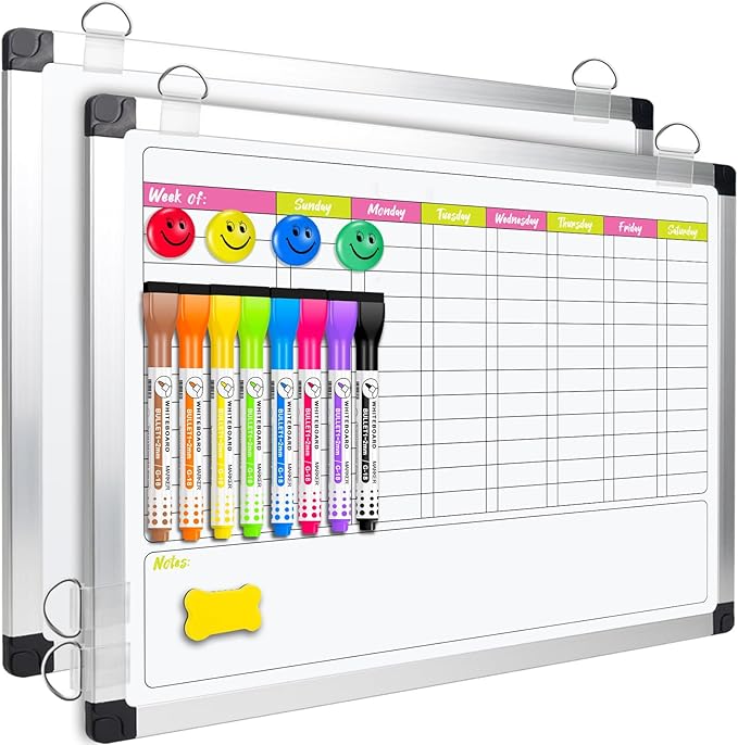 EAONE 16 x 12 in Magnetic Dry Erase Chore Chart Whiteboard for Kids/Teens/Adults, Double Sided Chore Board Weekly Calendar for Wall with Aluminum Frame, 8 Markers, 4 Magnets & 1 Eraser, Colored