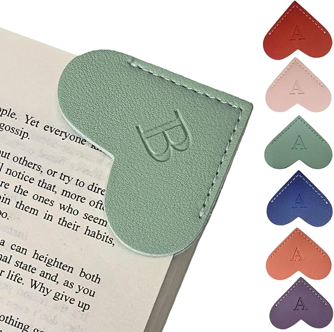 Personalized Leather Heart Bookmarks with Initials, 26 Letters Custom Corner Book Mark for Reading Women,Teacher, Student, Book Lovers Book Marker, Meaningful Gifts (Dark Blue+Light Green,B)