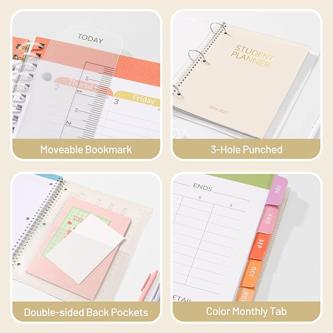 Student Planner 2026-2027, SUNEE Academic Weekly & Monthly Plan Book, Jul. 2026 - Jun. 2027, 8.5"×11" School Planner, Lesson Plan Book with Week's Goals, Bookmark, Monthly Tabs, 3-Hole Punched, Beige