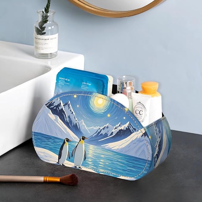 Forchrinse Penguin Ice Ocean Remote Control Holder with 5 Compartments-PU Leather Remote Caddy Desktop Organizer Storage for Remote Controllers,Office Supplies