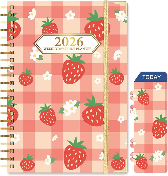 2026 Planner, Jan.2026 - Dec.2026 Planner Weekly and Monthly 6.25"x8.5" with with Page Tabs, Calendar Hardcover with Inner Pocket, Elastic Band, Twin-Wire Binding, Bookmark,Strawberry Lattice