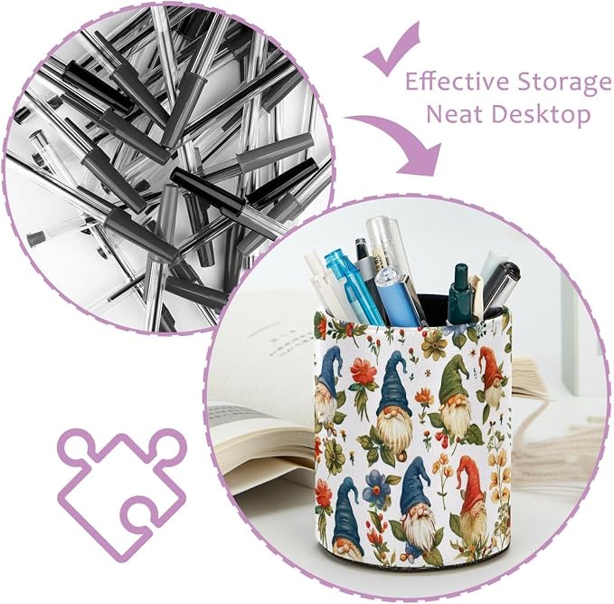 Desk Organizer Pen Holder for Desk, Gnomes Florals Pencil Holder, Large Capacity Pen Cup Makeup Brush Holders Desktop Office Supplies Storage Organizer