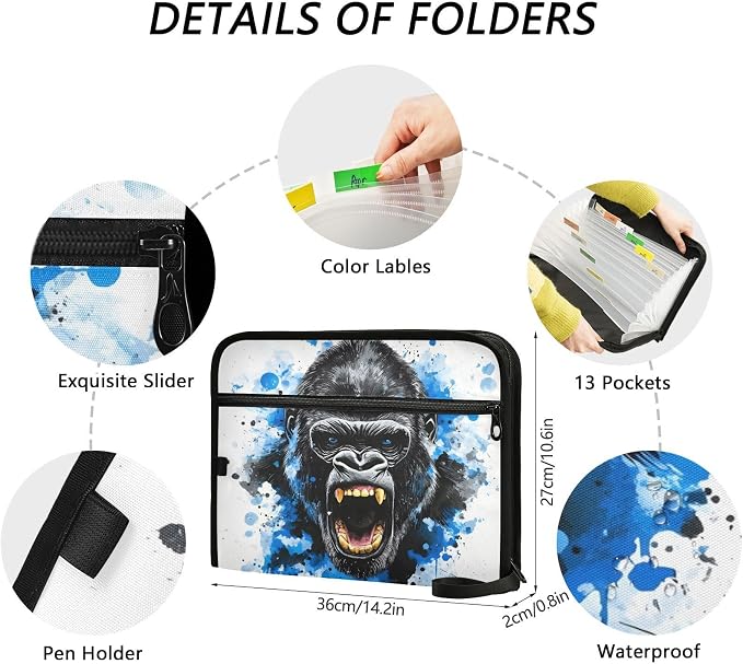 Expanding File Folder King Kong Blue Face Accordion File Organizer 13 Pockets Document Organizer with Zipper Labels A4 Letter Office Storage