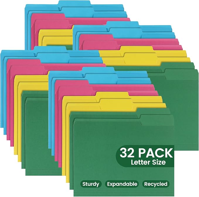 Colored File Folders 32 Packs, Letter Size, 1/3 Cut Tab. Chromatic Manila Folders 8.5 x 11 for Documents, File Folders with Foldable Lines for Easy Storage, Carpetas para Documentos for Office, School