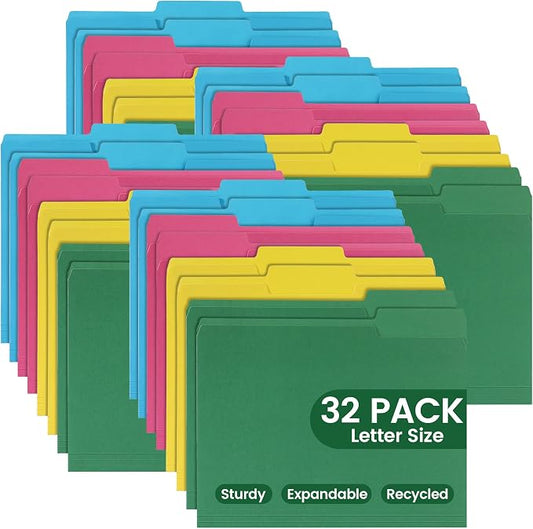Colored File Folders 32 Packs, Letter Size, 1/3 Cut Tab. Chromatic Manila Folders 8.5 x 11 for Documents, File Folders with Foldable Lines for Easy Storage, Carpetas para Documentos for Office, School