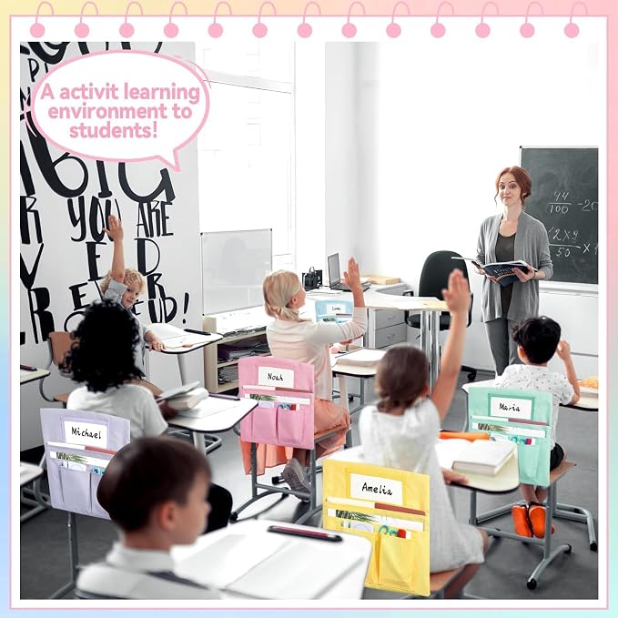 gisgfim 24 Pcs Small Chair Pockets for Classroom 13 x 14 Inch Bag with Name Tag Multi Pockets Chairsback Pouch Organizer for Student Kindergarten Elementary Daycare (Pastel)