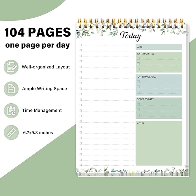 To Do List Notepad - Daily Planner Notepad 104 Pages Task Planner, 6.7" x 9.8" Double Sided Spiral Notebook with Checklist Productivity Planning Pad for Work Office Home-Green