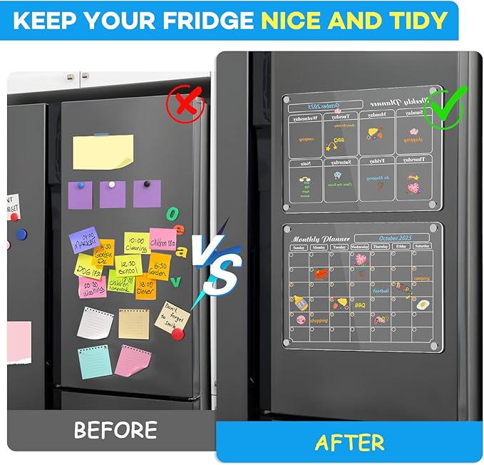 MIKEDE 2 Pack Acrylic Magnetic Calendar for Fridge, 15.2"x11.2" Reusable Dry Erase Magnetic Board with 6 Color Highlight Markers, Monthly and Weekly Planner with Strong Fridge Magnets for Refrigerator