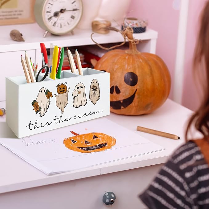 Funny Ghost Halloween Pen Holder for Desk, Spooky Pumpkin Wooden Box Sign Desk Decor for Home Office Decoration, Cute Ghost Pencil Organizer, Fall Halloween Decor