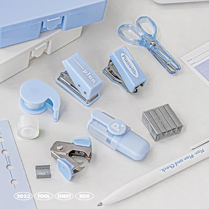 8Pcs Supplies Set Includes Hole Puncher Stapler Staple Scissors Staple Remover Marker Tape Packed in Storage Case Stapler and Paper Clip Set