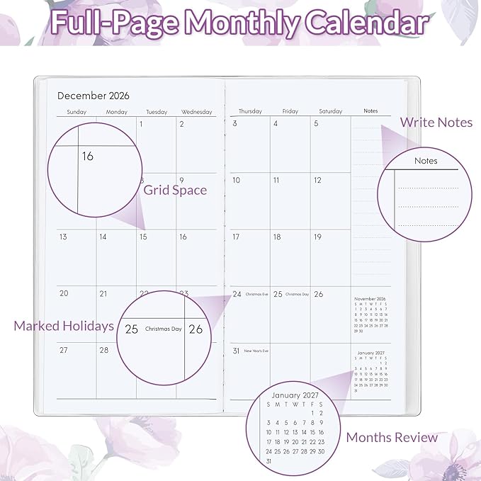 Pocket Calendar 2026-2027, Monthly Purse Planner - 6.7" x 3.7" - Runs from January 2026 Until December 2027, Floral Pocket Calendar with PVC Cover for Planning, Organizing and Office