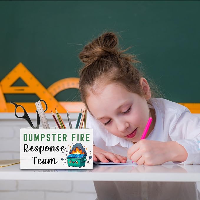 Funny Dumpster Fire Pen Holder for Desk, Dumpster Fire Response Team Wooden Box Sign Desk Decor for Home Office Decoration, Sarcastic Gifts for Coworkers Pencil Organizer