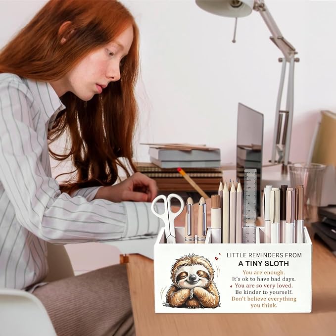 Inspirational Little Reminders Sloth Pen Pencil Holder for Desk, Sloth Gifts, Positive Motivational Mental Health Wooden Box Sign Decorations for Home Office Kids Room Bedroom Desk Tabletop